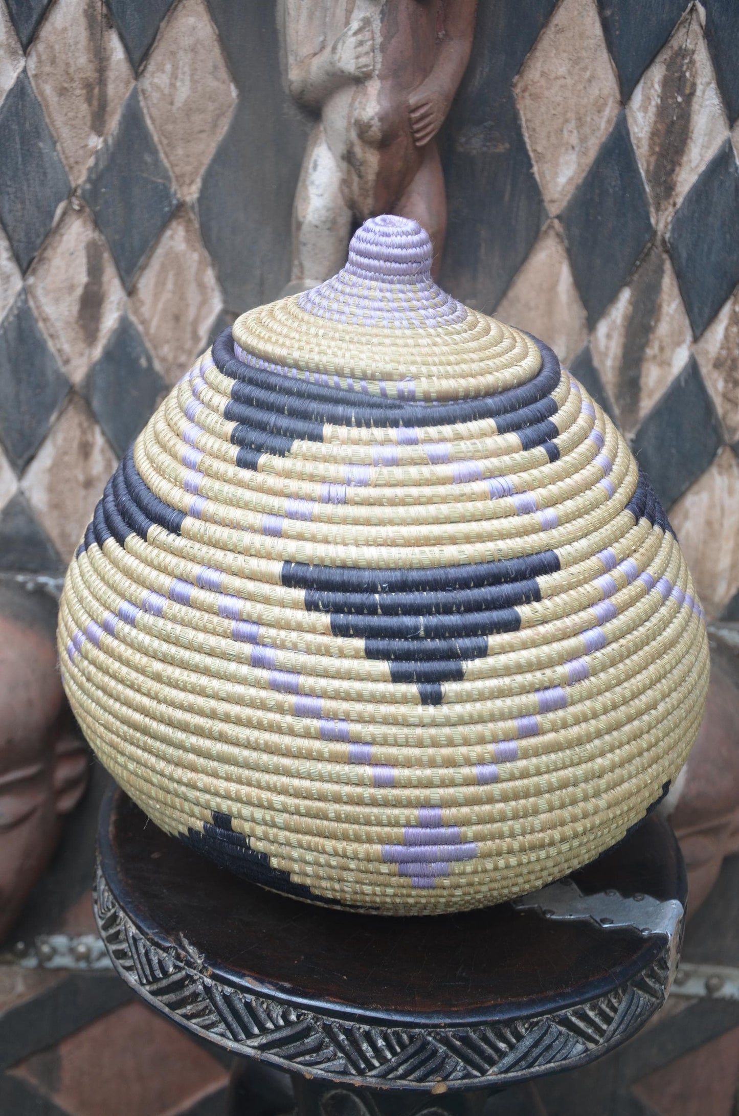 Rwandan Lidded Basket | Charcoal & Lavender Woven Storage | Artisan Home Decor