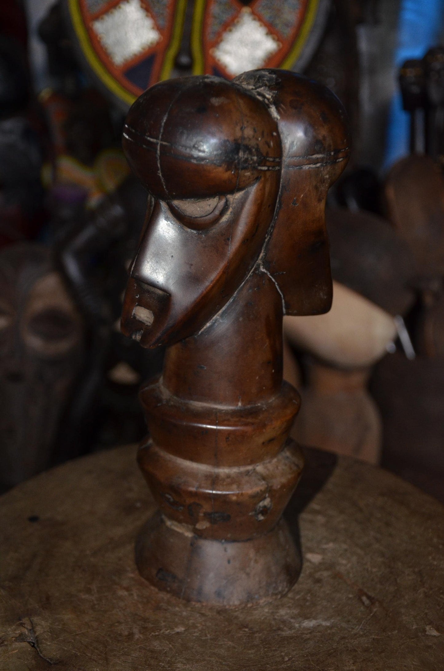 Authentic Songye Kifwebe Head Sculpture - 12" Hand-Carved Wood Ancestor Bust on Ringed Pedestal, Polished Mahogany Patina.
