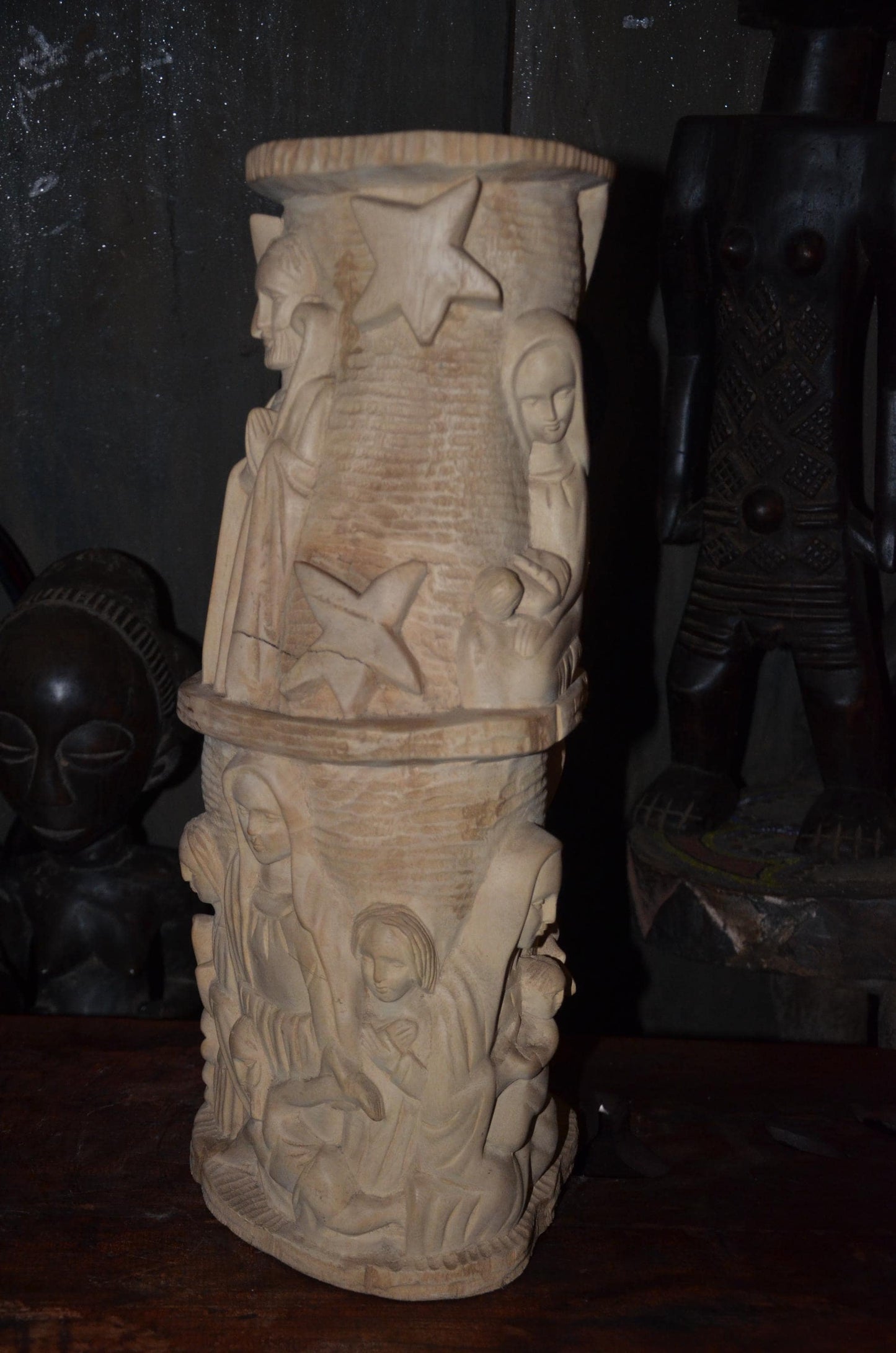 African Carved Wood Stool | Relief Side Table | Handmade Tribal Furniture