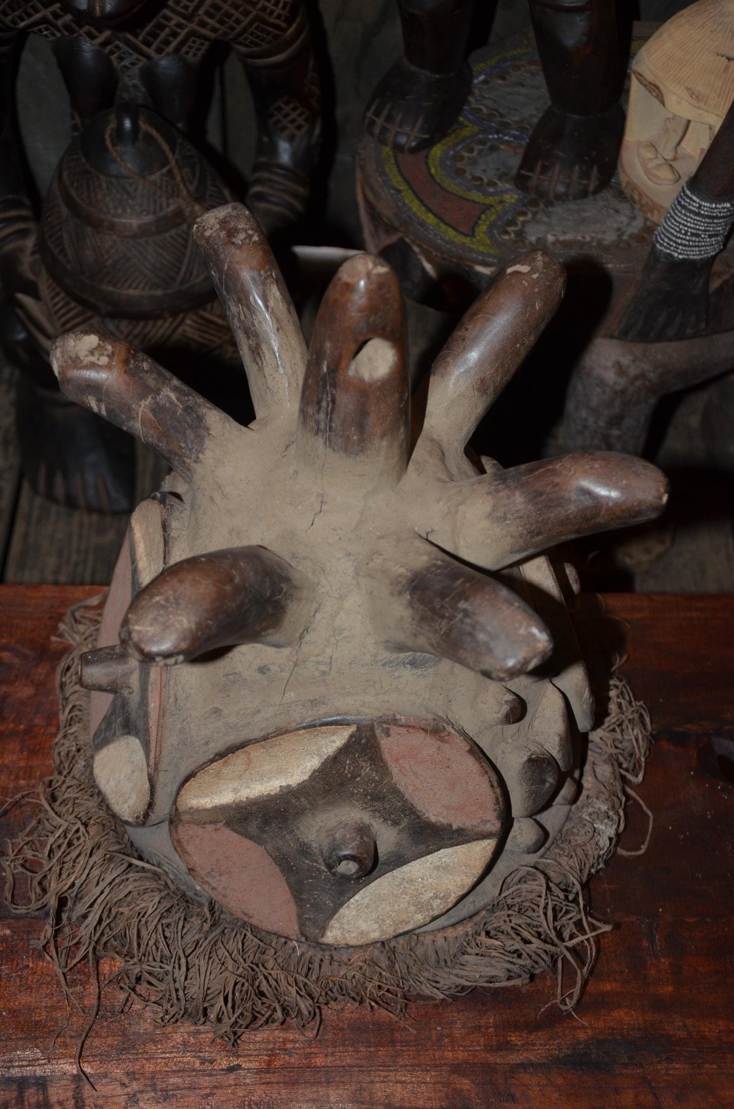 Authentic Luba or Songye Zoomorphic Helmet Mask - 17" Multi-Horned Kifwebe Art, Congo Polychrome Face Mask, High-End Tribal Wall Sculpture.