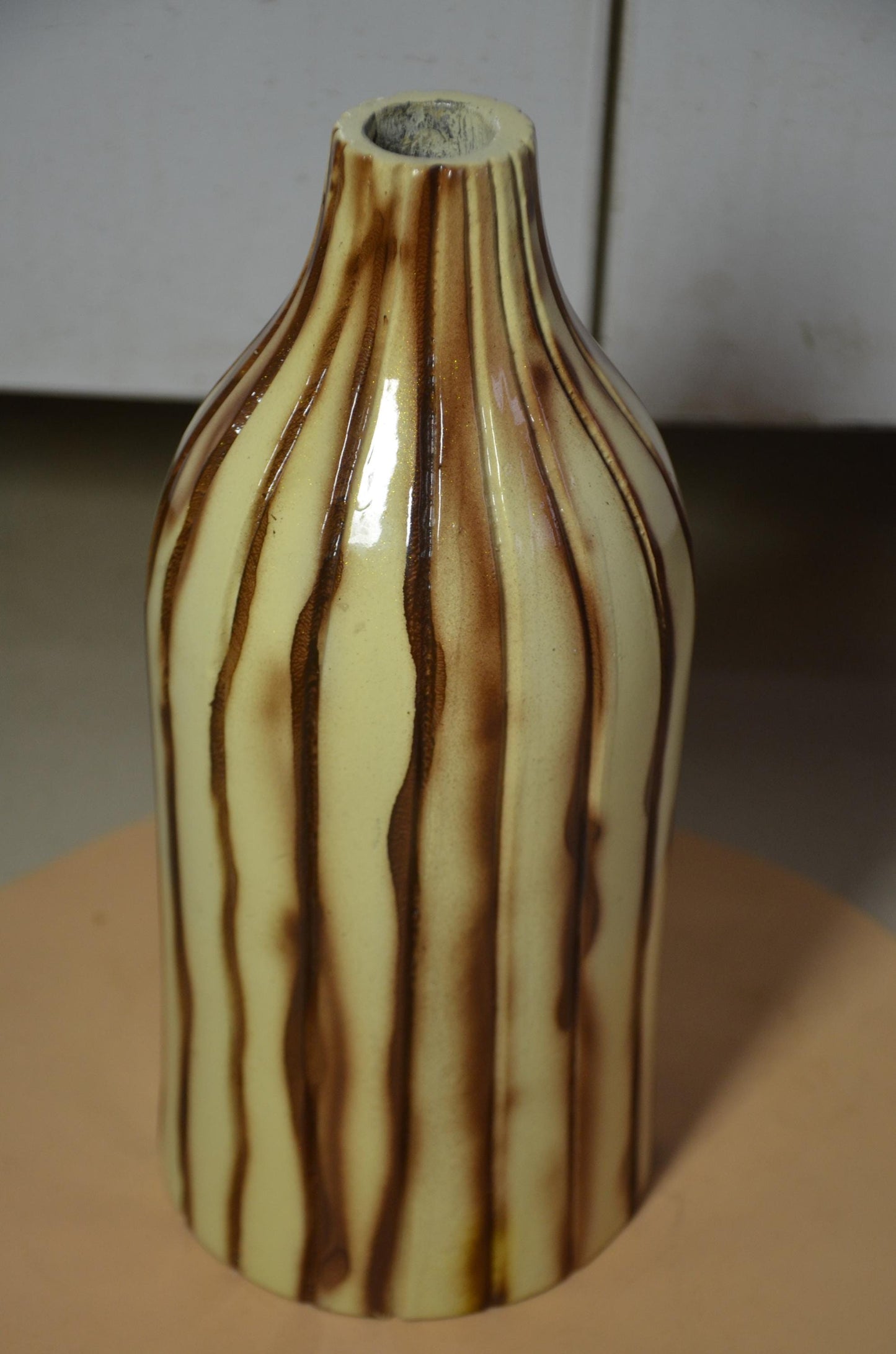 Fluted Wooden Bottle Vase | Cream and Brown Ribbed Vessel