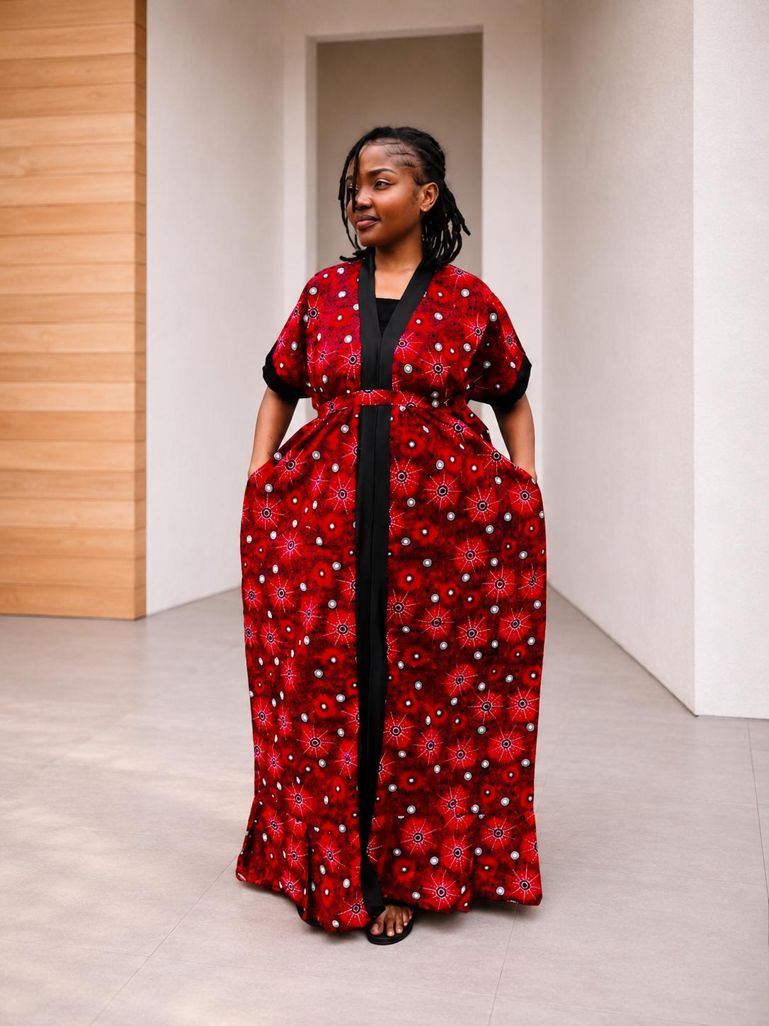 Tie-Front Ankara Kimono Maxi | Cuffed Satin-Trim Boubou, Red Gown