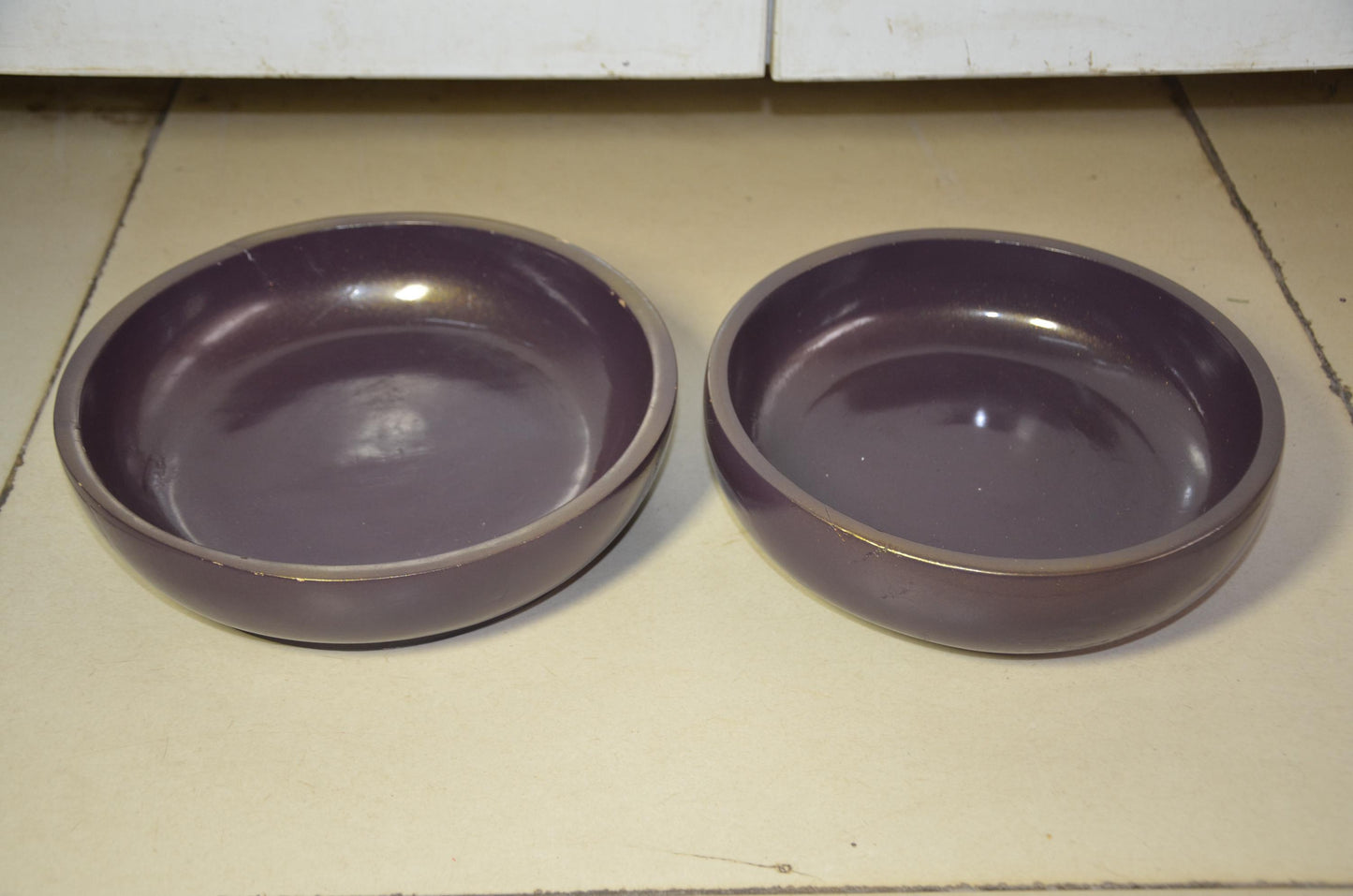 Set of 2 Purple Wooden Shallow Bowls | Plum Decorative Fruit Dish Pair