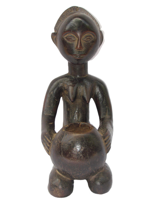Statue africaine en bois de la tribu Luba du Congo, femme porteuse de bol.
