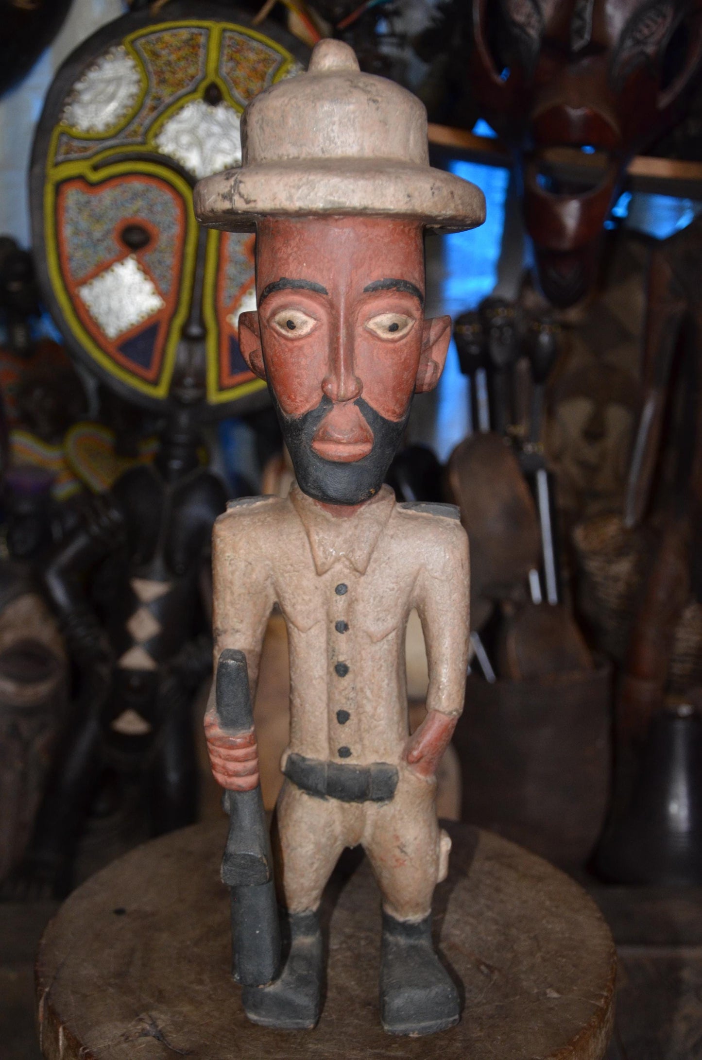 Large African Colon Statue - 28" Hand-Carved Wooden Colonial Soldier Figurine, Armed Guard / Hunter with Rifle.