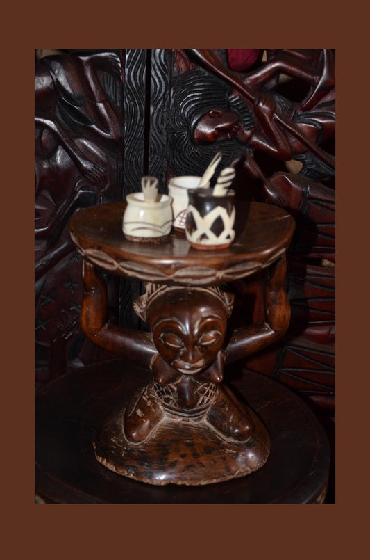 Luba Caryatid Stool – 11" Hand-Carved Wood Sculpture – Congo Tribal Art