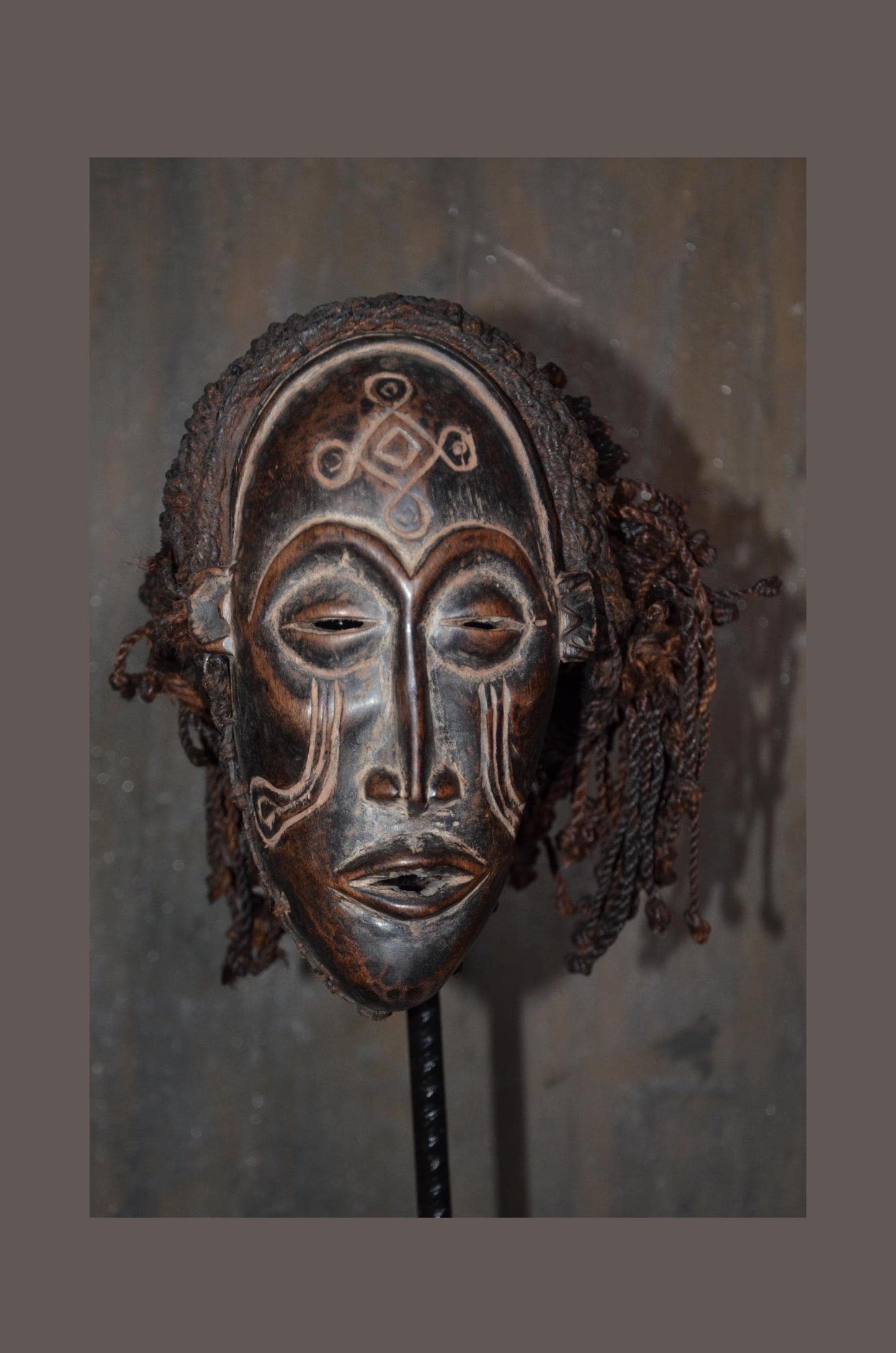 Authentic Chokwe Pwo Mask - 12" Hand-Carved Wood Female Ancestor Mask, Angolan Tribal Art, Woven Fiber Hair.