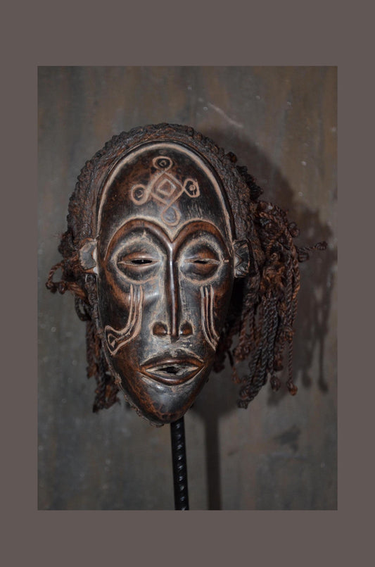 Authentic Chokwe Pwo Mask - 12" Hand-Carved Wood Female Ancestor Mask, Angolan Tribal Art, Woven Fiber Hair.