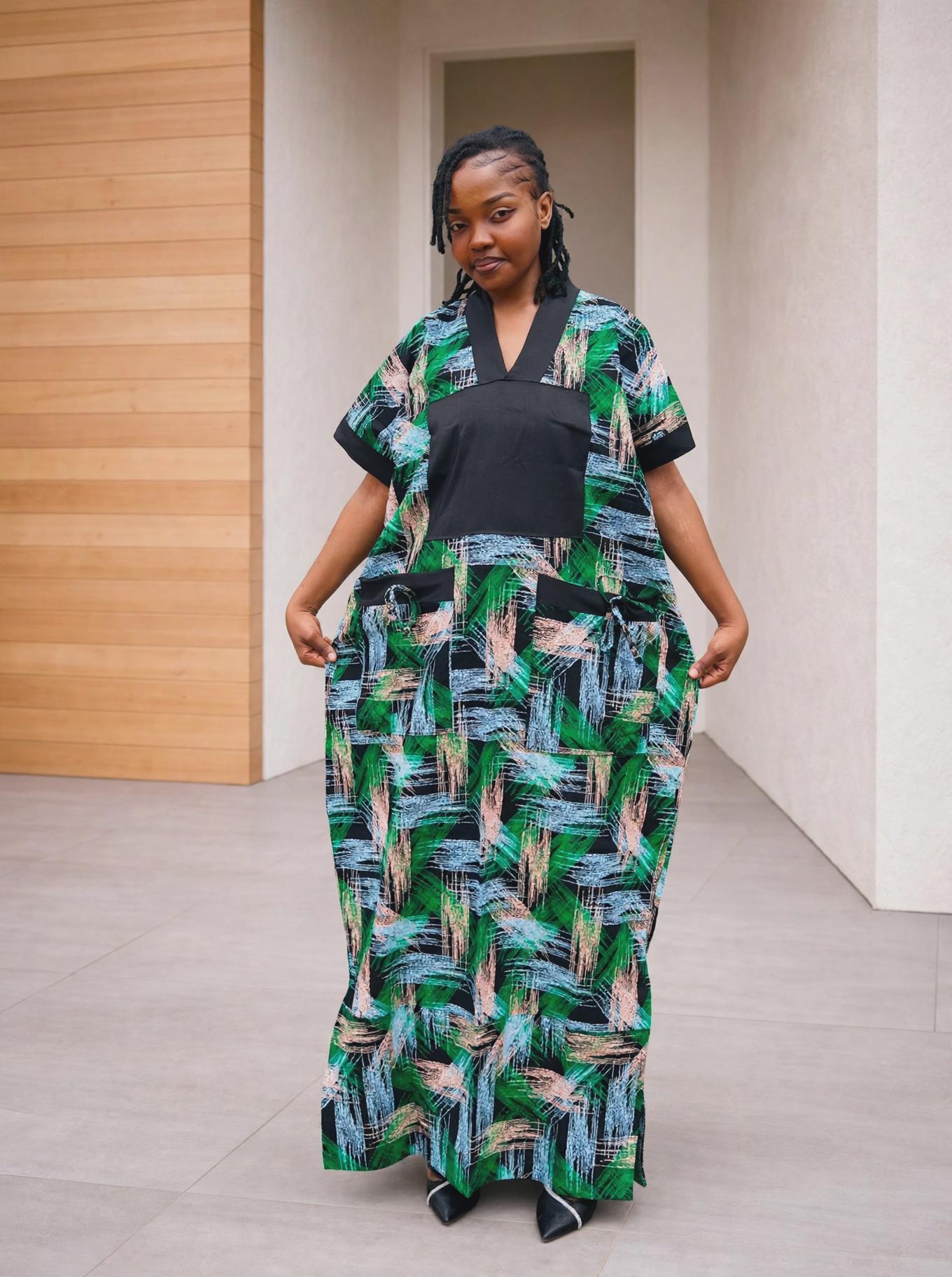 Color-Blocked Kampala Maxi Gown | Paneled Brushstroke Silk Kaftan, Mixed-Media Adire