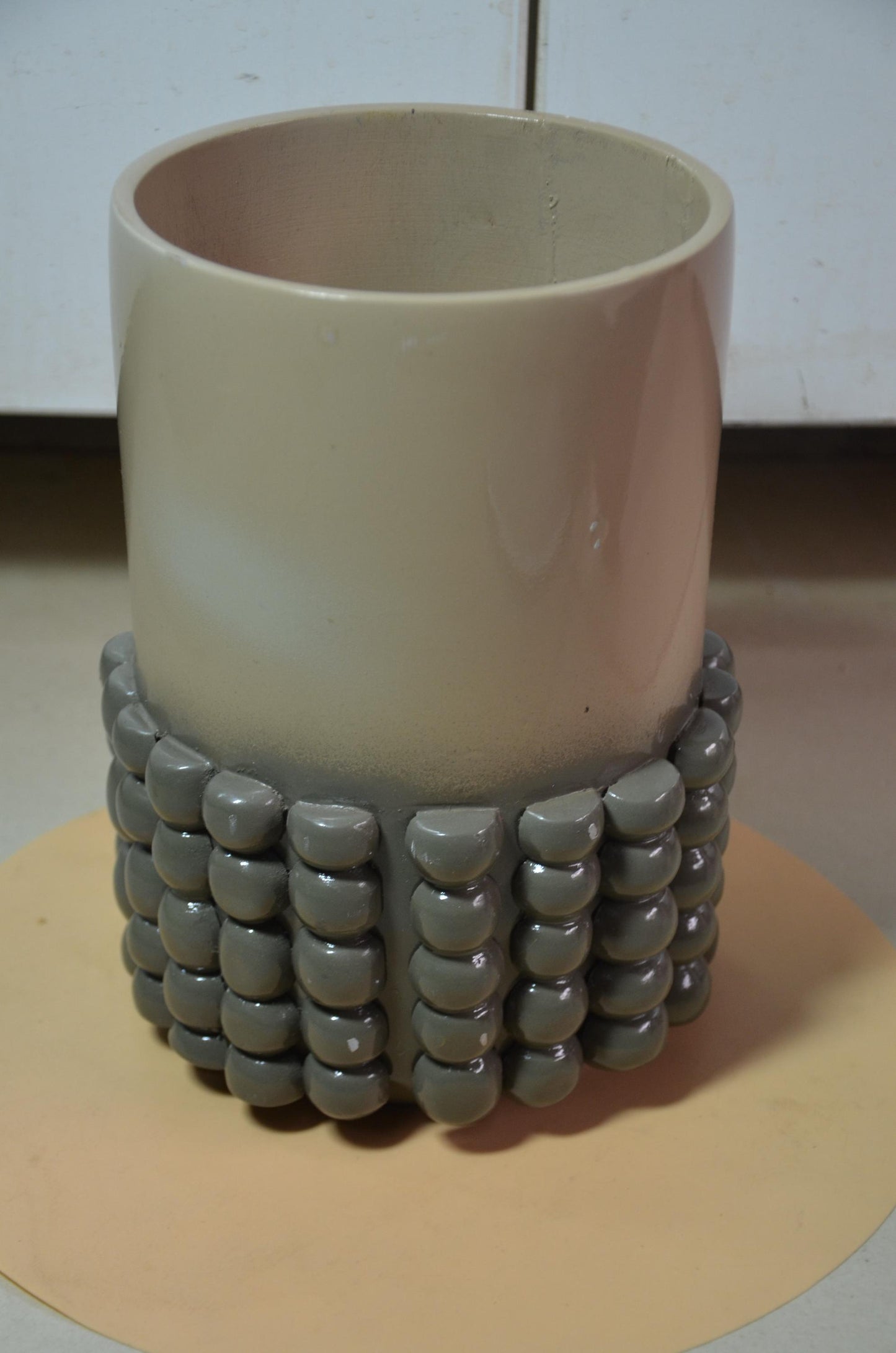 Beaded Wooden Cylinder Vase | Beige and Grey Bubble Texture Pillar Vessel
