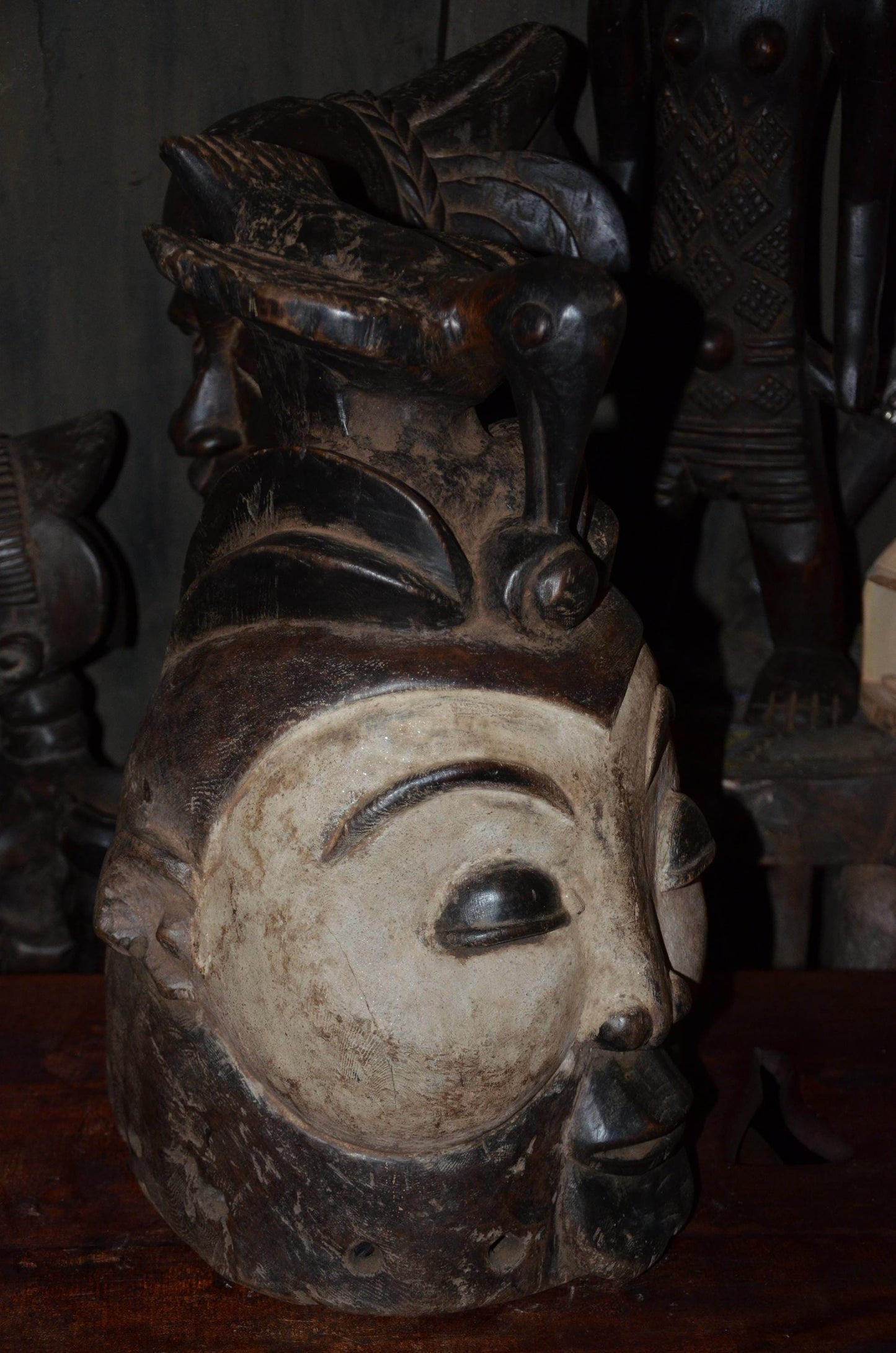 Lega Ceremonial Prestige Hat - 19" Authentic Congo Helmet Mask, Striking Kaolin Face, African Initiation Art.