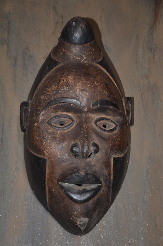 Authentic Baule Mask - 17" Hand-Carved Wood Mblo Portrait Mask, Côte d'Ivoire African Tribal Art, Elegant Crested Coiffure Statement Piece.