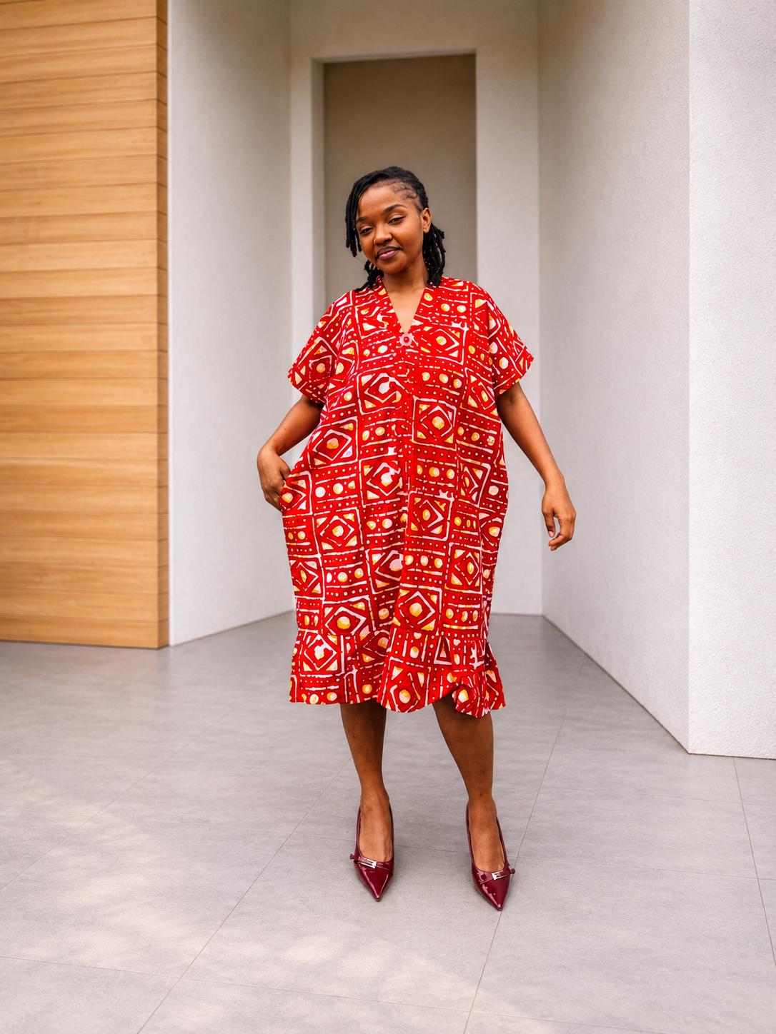 Midi Ankara Kaftan | Short Boubou Shift Gown, Knee-Length Dress