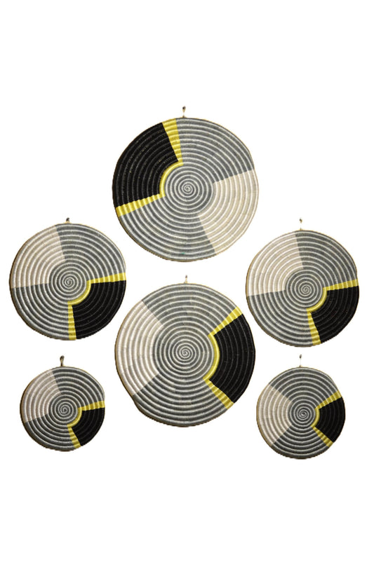 Set of 6 Handwoven Round Wall Baskets – Black, Grey & White Sisal Decor (1 Set)