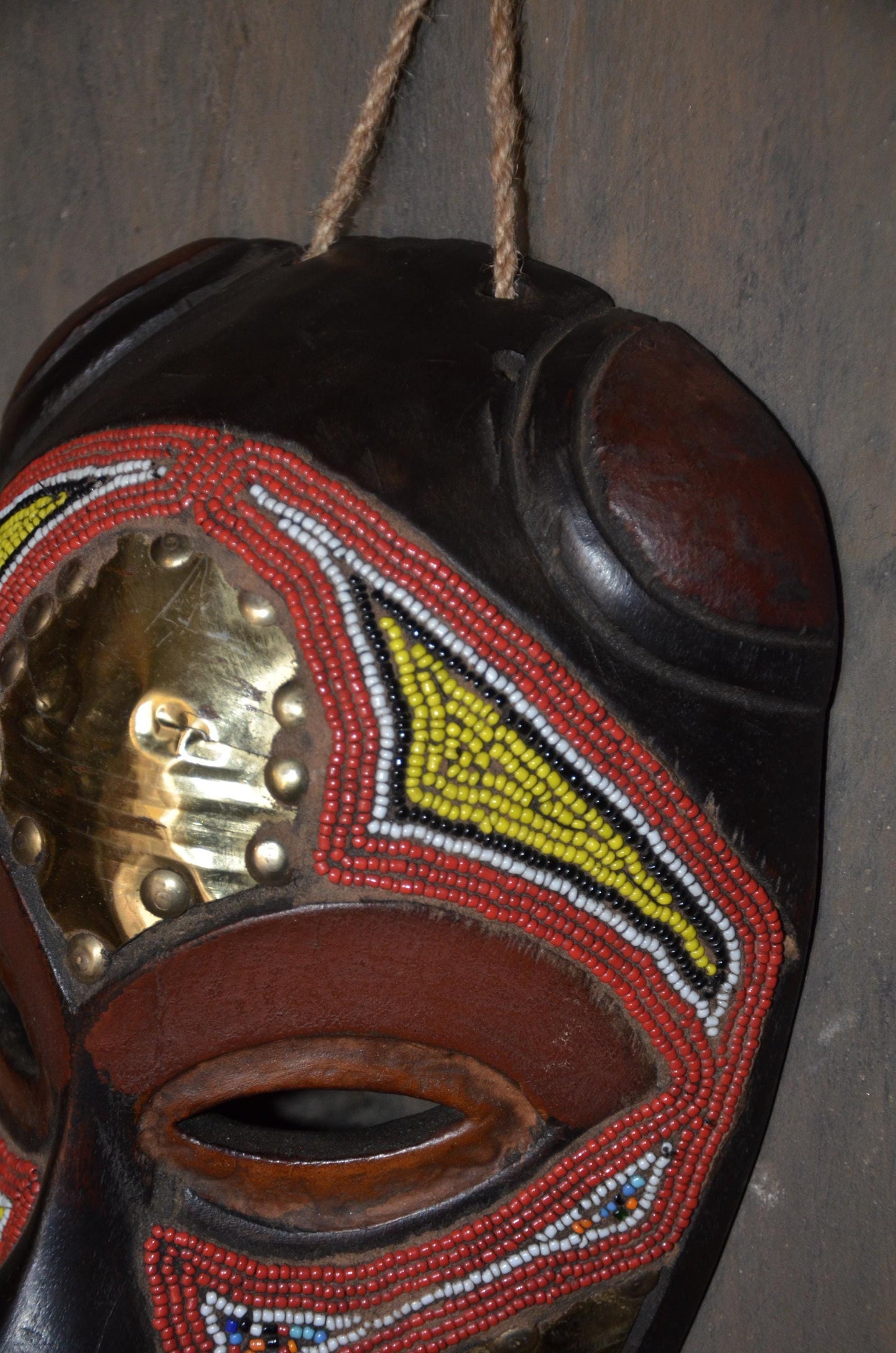 Marka Beaded Mask – 13" Hand-Carved Wood & Brass Mask – Mali Tribal Decor.