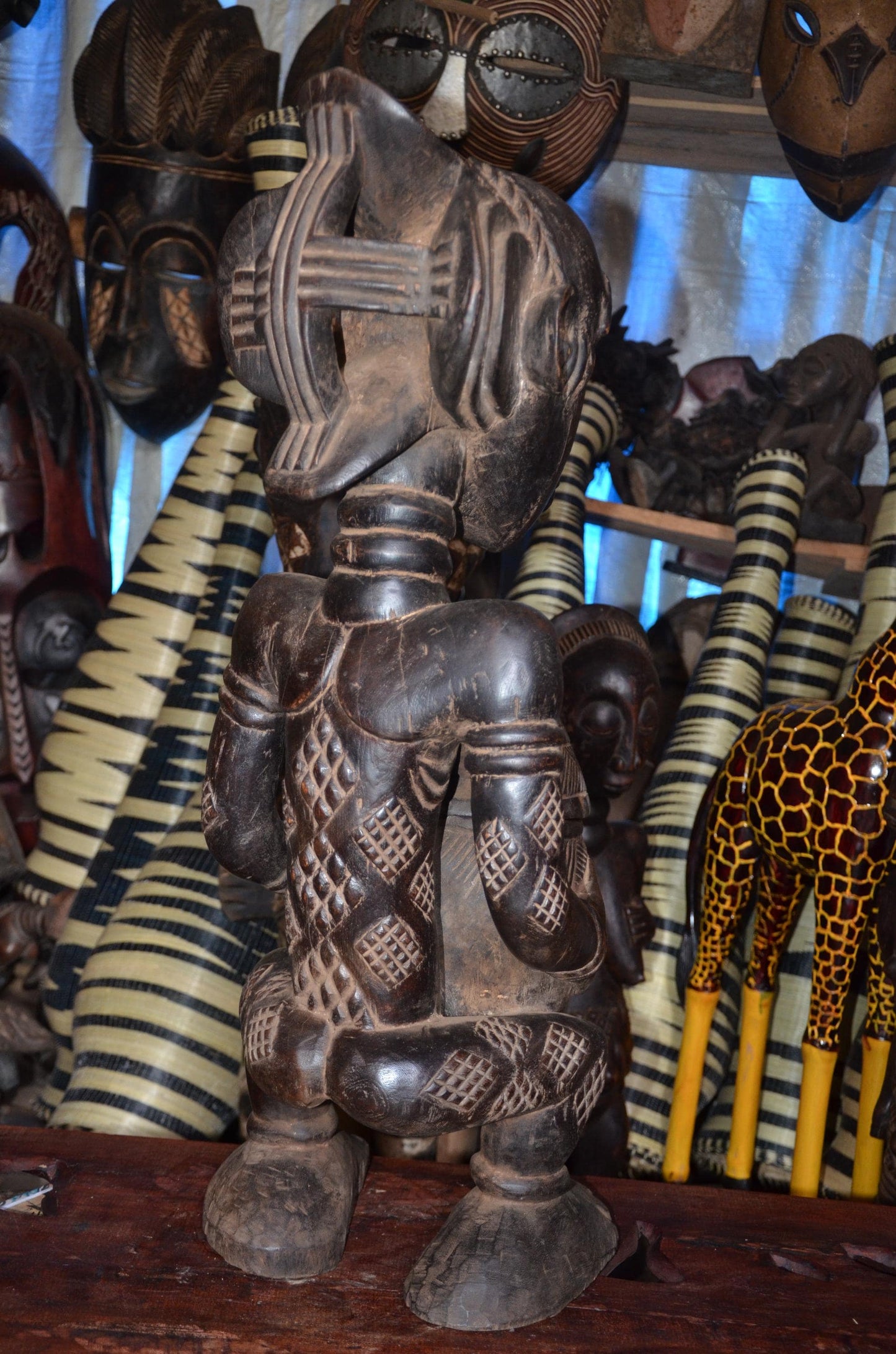 Authentic Luba Bowl Bearer | Mboko Ceremonial Figure | Congolese Tribal Art