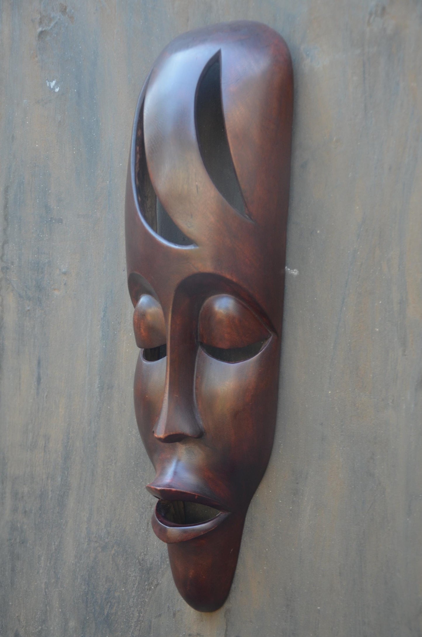 An Authentic Fang Ngil-Style Elongated Mask - 24" Sleek Gabon African Wood Mask, Contemporary Openwork Statement Wall