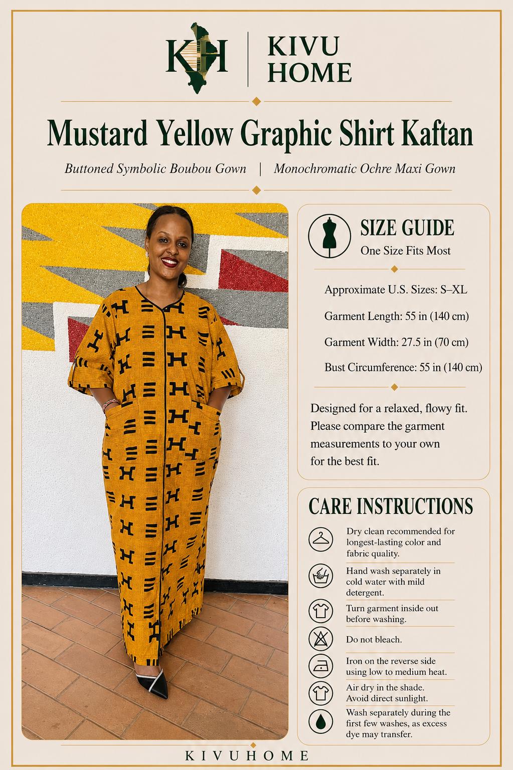 Mustard Yellow Graphic Shirt Kaftan | Buttoned Symbolic Boubou, Ochre Maxi