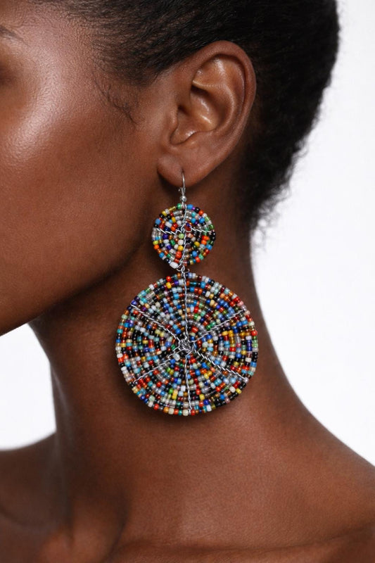 Colorful Maasai Beaded Earrings Pair, Handmade African Multi Color Boho Drop Jewelry Set