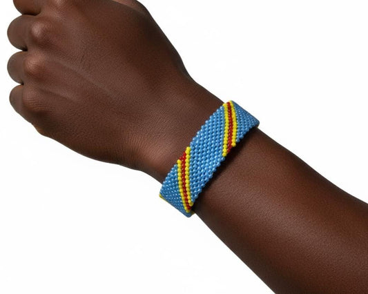 DRC Flag Beaded Bracelet, Handmade Congo Patriotic Jewelry, Blue Red Yellow Tribal Cuff