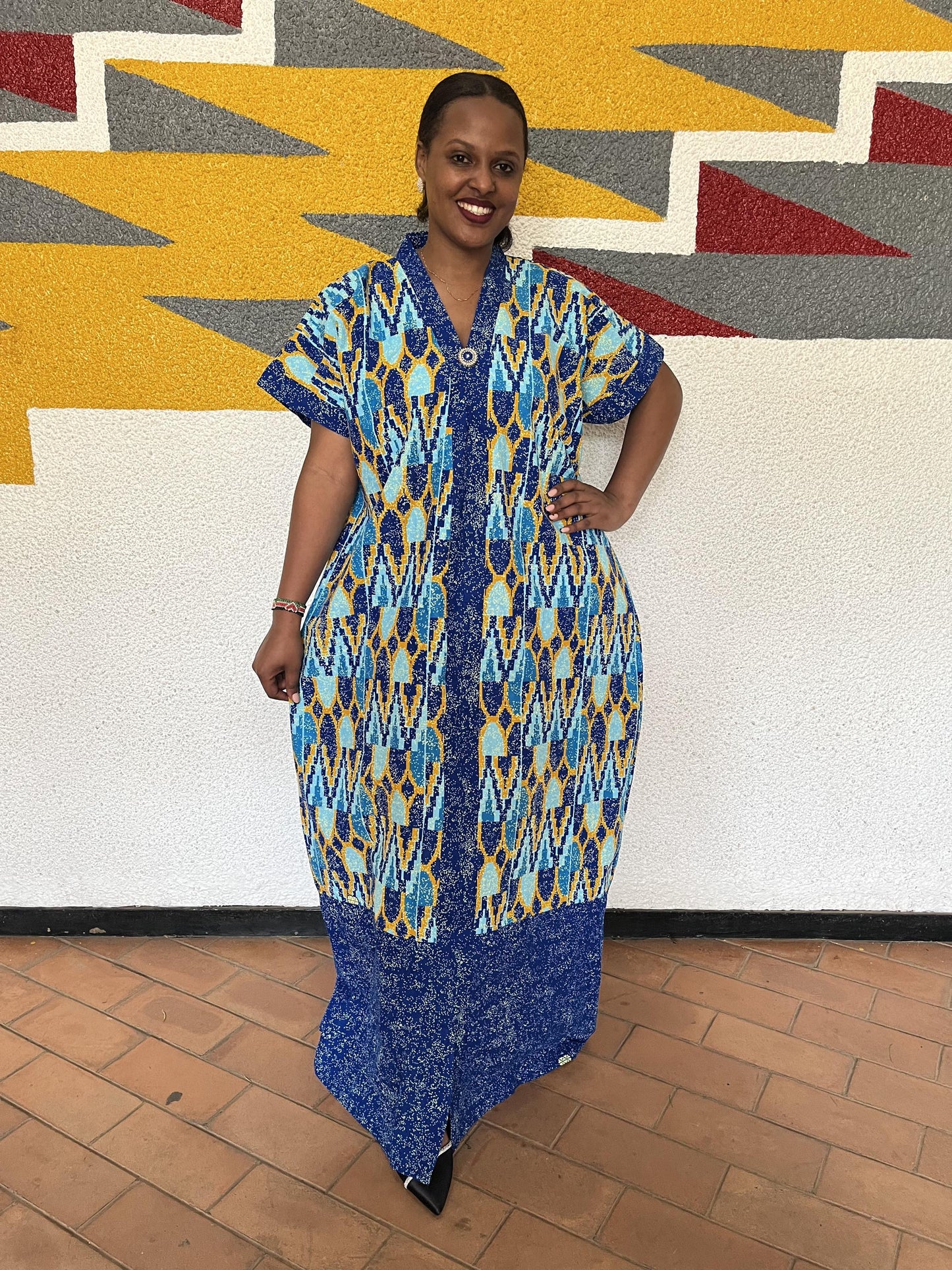 Royal Blue Geometric Shirt Kaftan | Buttoned Chevron-Ikat Boubou, Block-Hem Maxi