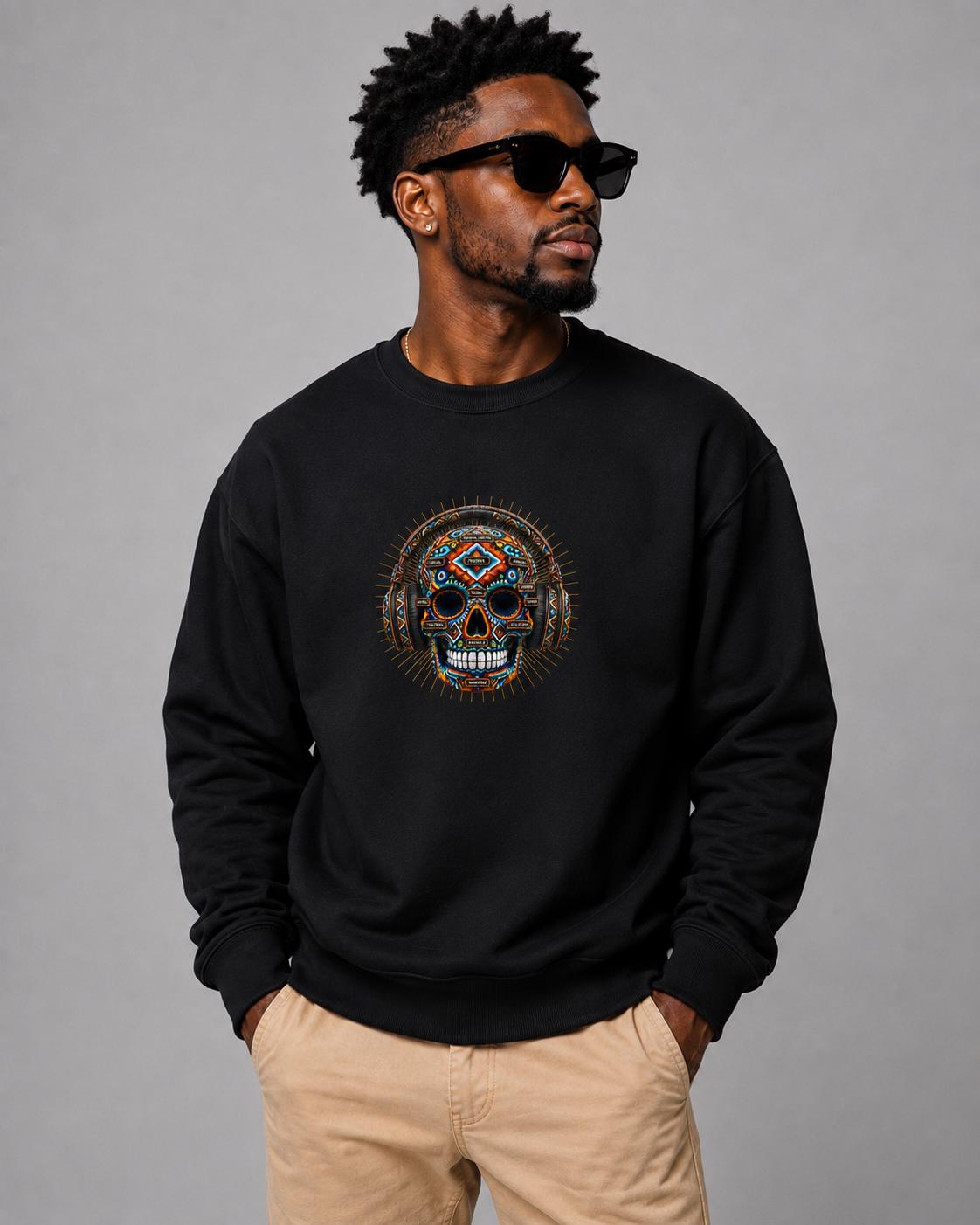 Beaded Skull Sweatshirt, African Inspired Geometric Skull Crewneck, Halloween Streetwear