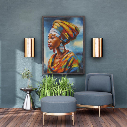 Impression sur toile représentant une femme africaine – Art mural féministe jaune et bleu, peinture à l'huile afrocentrique, décoration d'intérieur pour femme noire, grand format