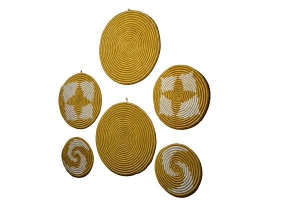Set of 6 Handwoven Round Wall Baskets – Gold & White Floral Sisal Decor