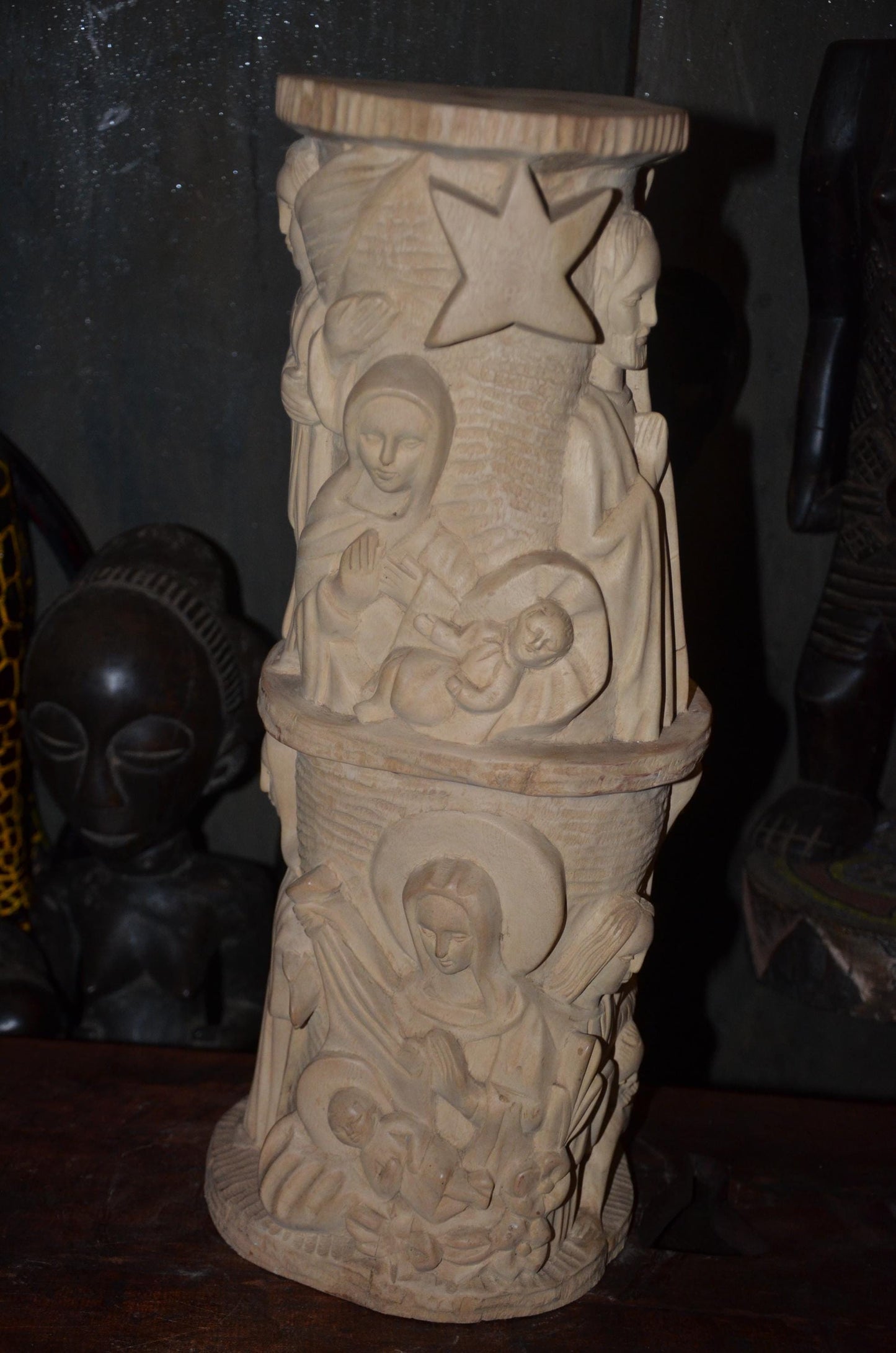 African Carved Wood Stool | Relief Side Table | Handmade Tribal Furniture