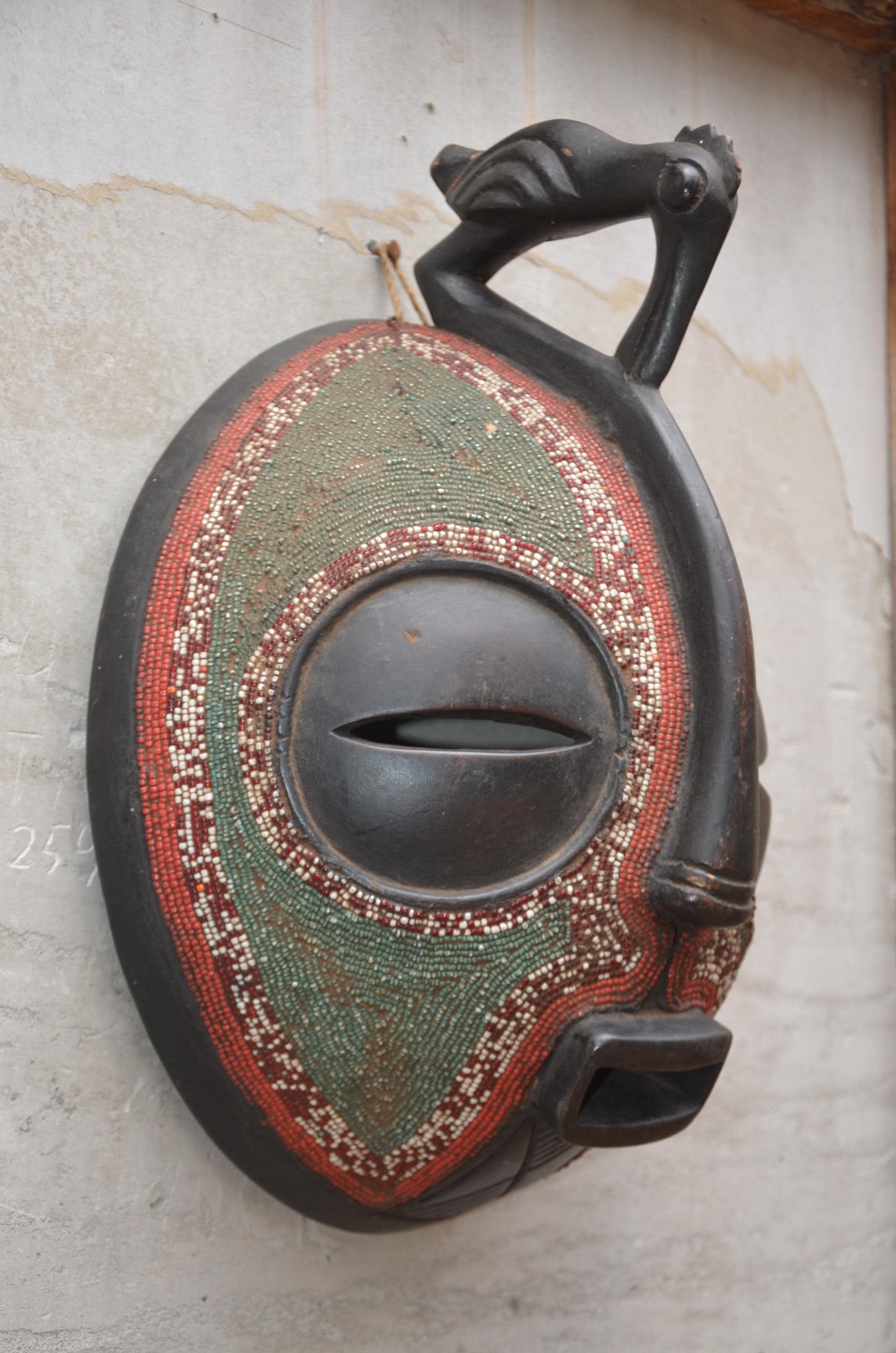 Authentic Beaded Luba Kifwebe Mask - 20" Hand-Carved Wood Striated African Mask, Congo Tribal Art, Glass Bead Accents Luxury Statement Piece