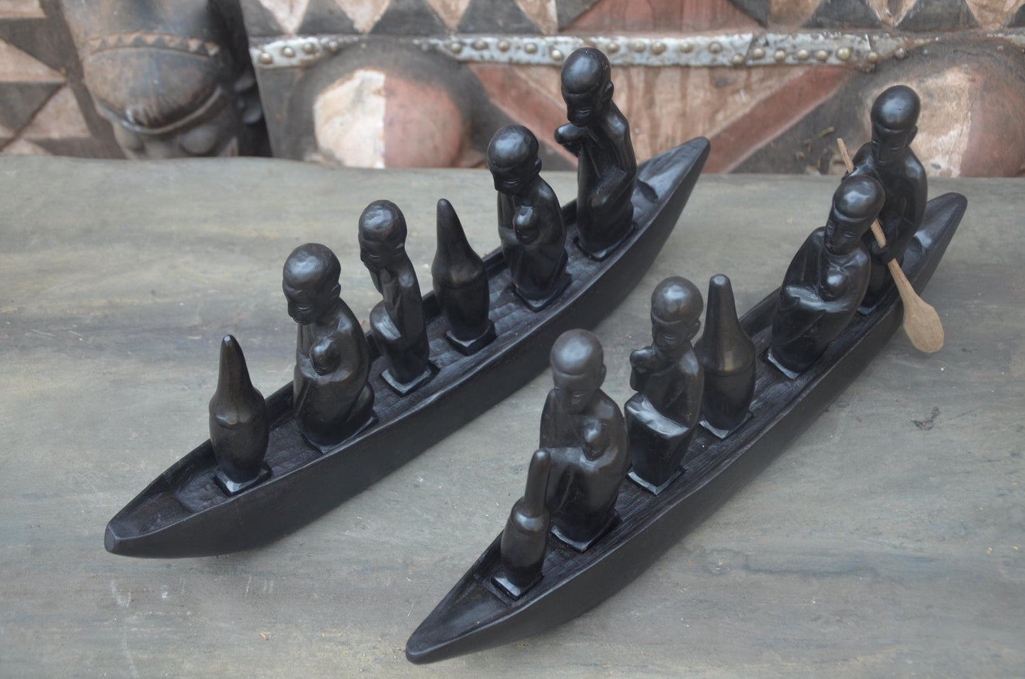 Set of 2 Hand-Carved African Canoe Sculptures | Fisherman Decor