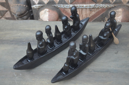 Set of 2 Hand-Carved African Canoe Sculptures | Fisherman Decor