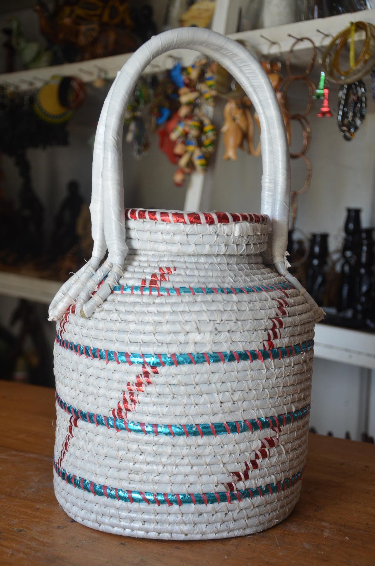 Handwoven Rwandan Agaseke Basket | White Boho Storage Basket with Lid