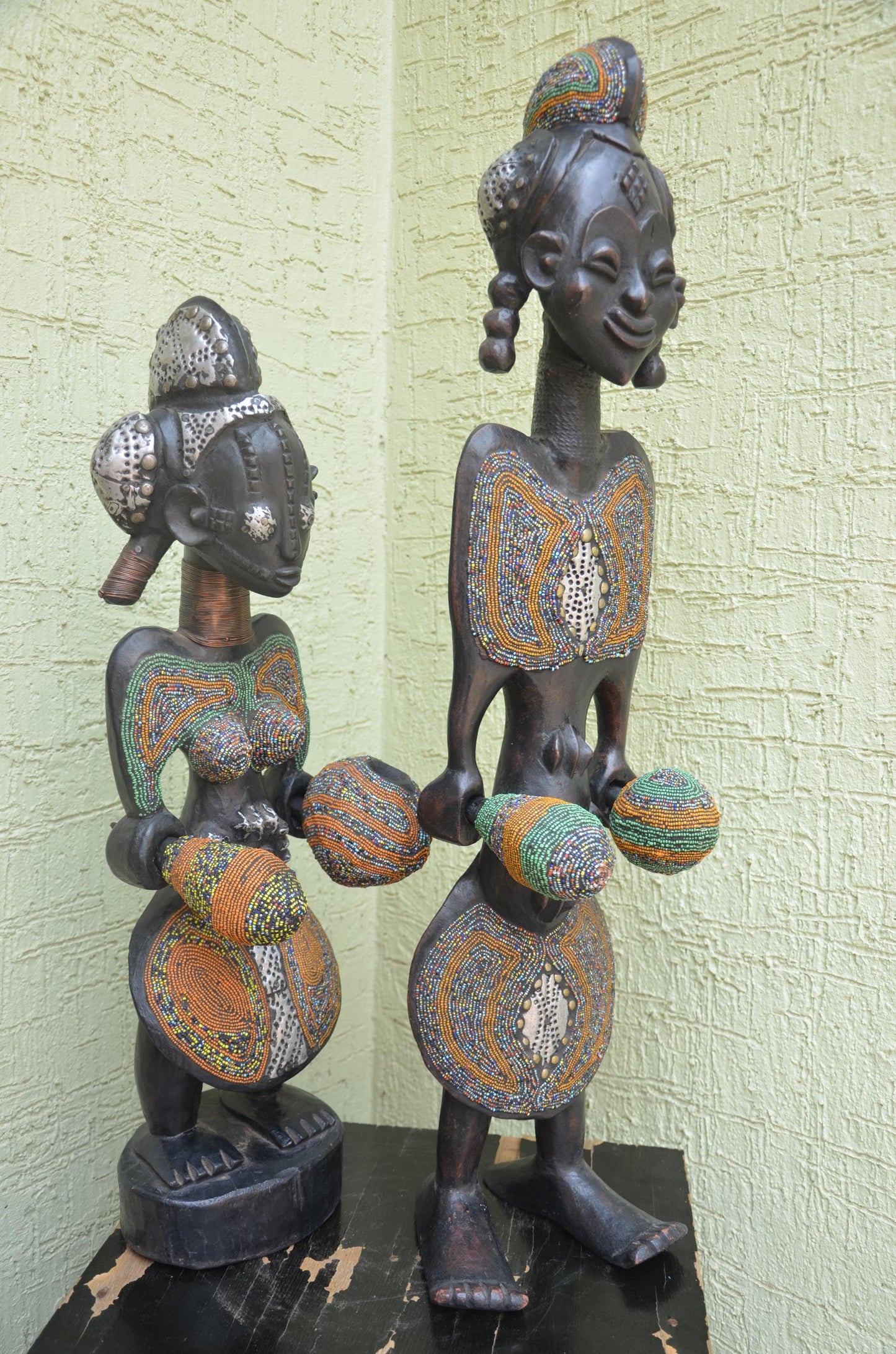 Bamileke Beaded Figures â€“ 35" Hand-Carved Wood Royal Couple â€“ Cameroon Art.