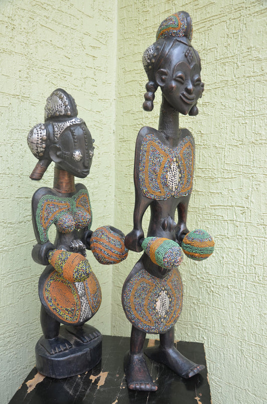 Bamileke Beaded Figures â€“ 35" Hand-Carved Wood Royal Couple â€“ Cameroon Art.