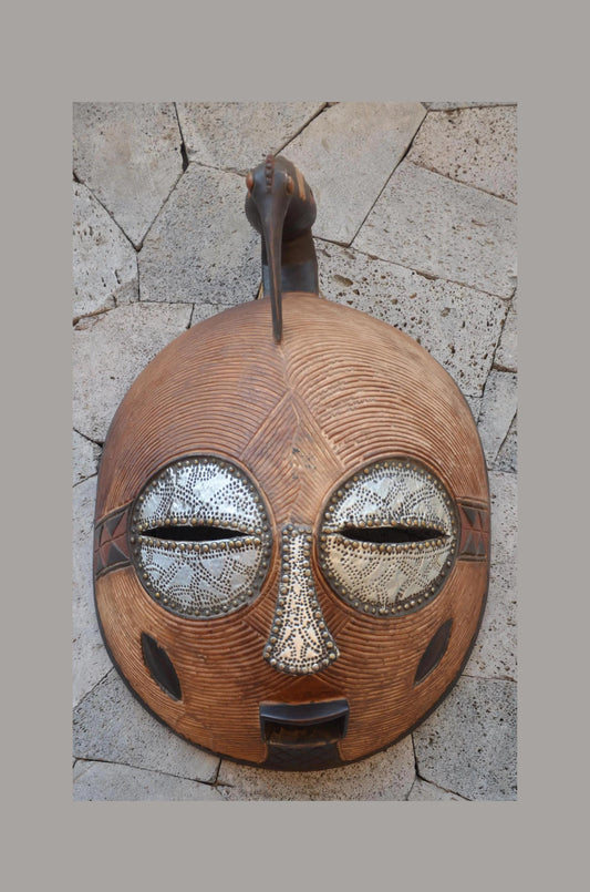 Luba Large African Mask – 33" Hand-Carved Wood & Brass Mask – Congo Wall Art.