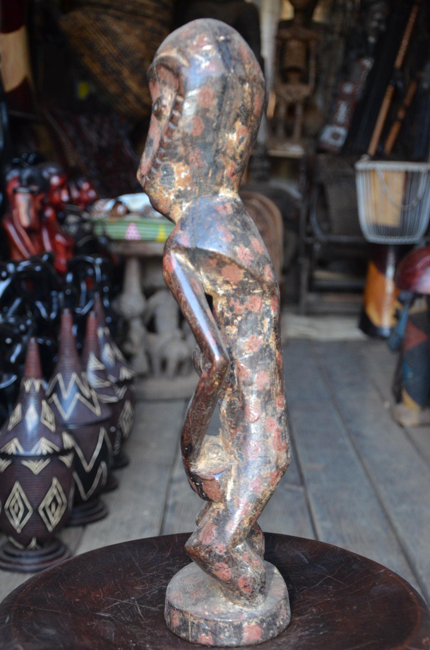 Authentic Lega Ancestor Figure - 19" Hand-Carved Wood Bwami Initiation Statue, Traditional Kaolin & Ochre Patina.