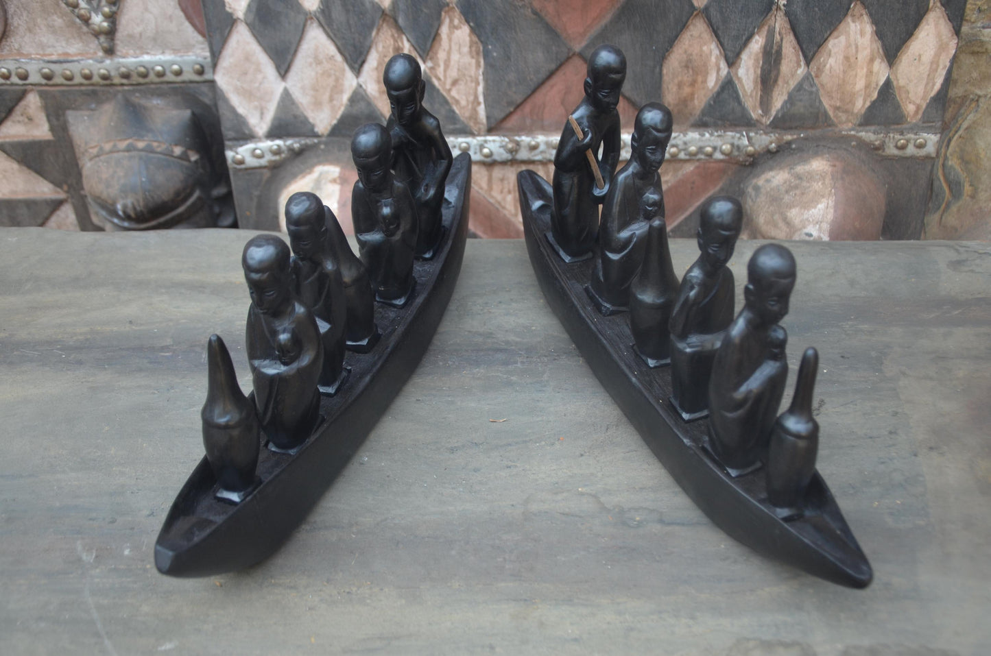 Set of 2 Hand-Carved African Canoe Sculptures | Fisherman Decor