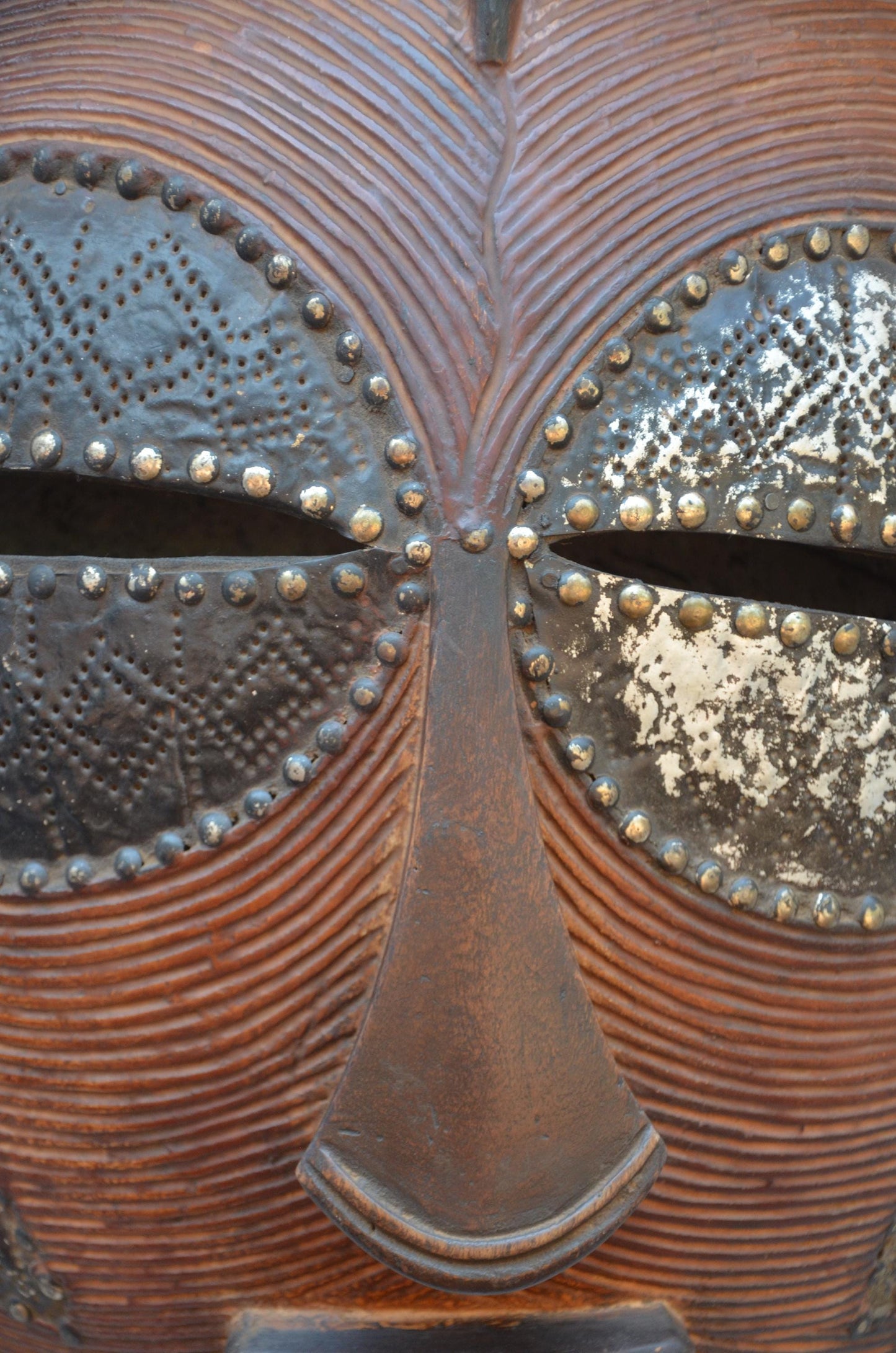 Luba Large African Mask – 33" Hand-Carved Wood & Brass Mask – Congo Wall Art.