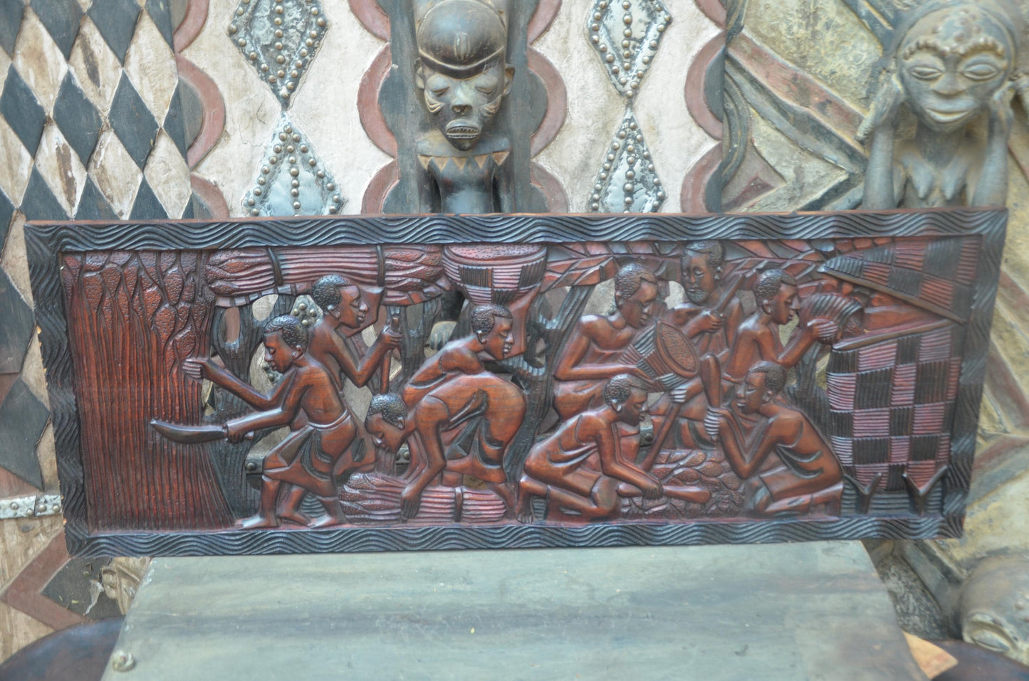 African Community Celebration Wall Plaque | Large Hand-Carved Wooden Relief Art | Village Gathering Wall Decor | Ethnic Sculptural Panel