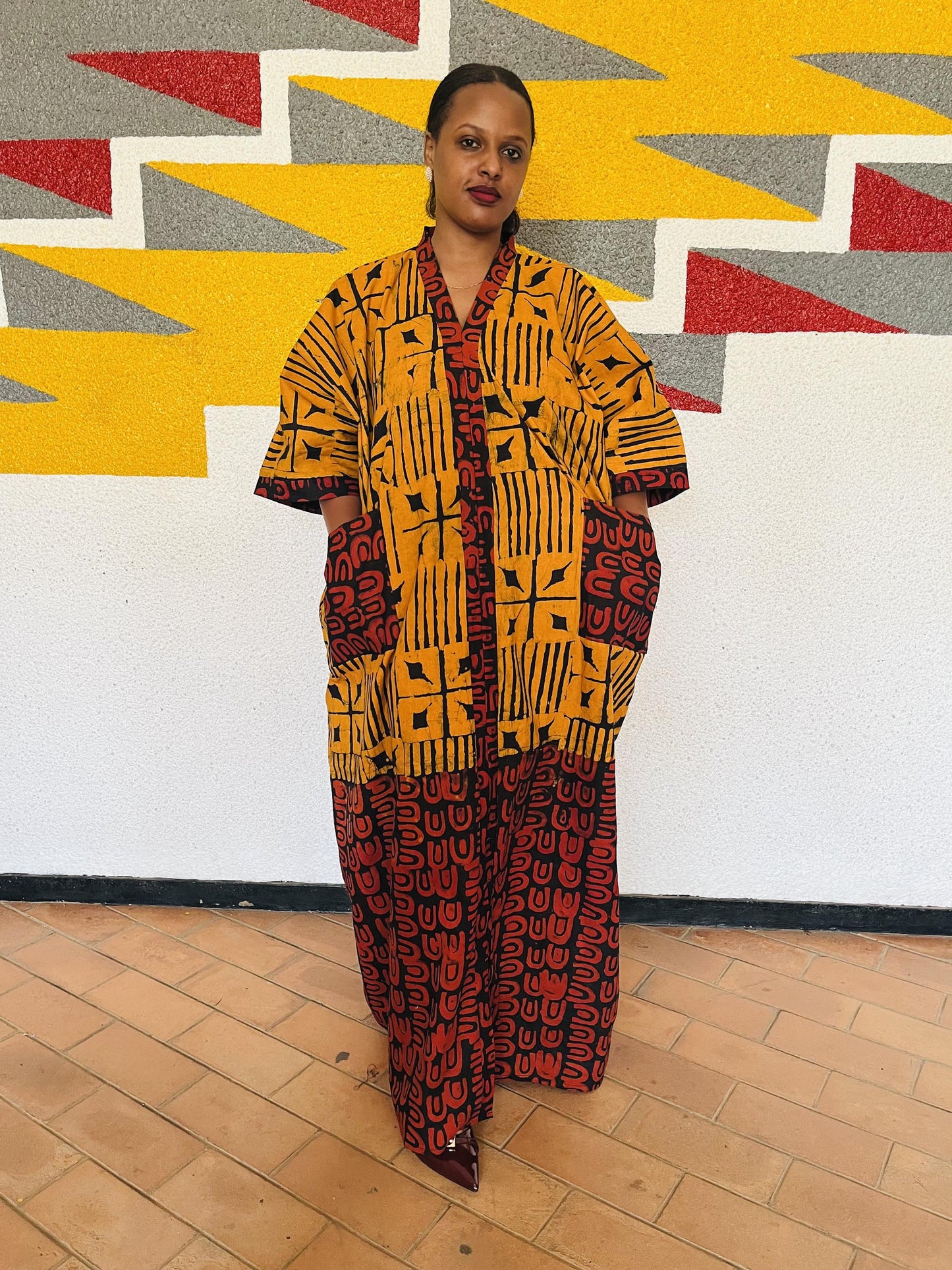 Split Graphic Ankara Boubou Gown | Half-and-Half Tribal Kaftan, Mustard and Burgundy Maxi