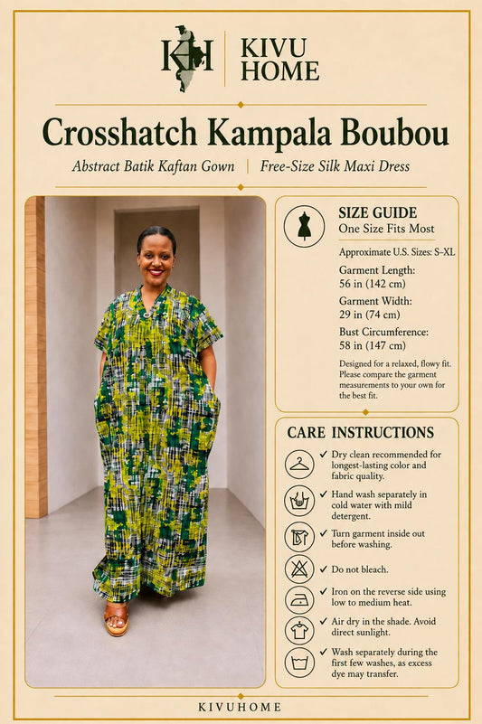 Crosshatch Kampala Boubou | Abstract Batik Kaftan Gown, Free-Size Silk Maxi