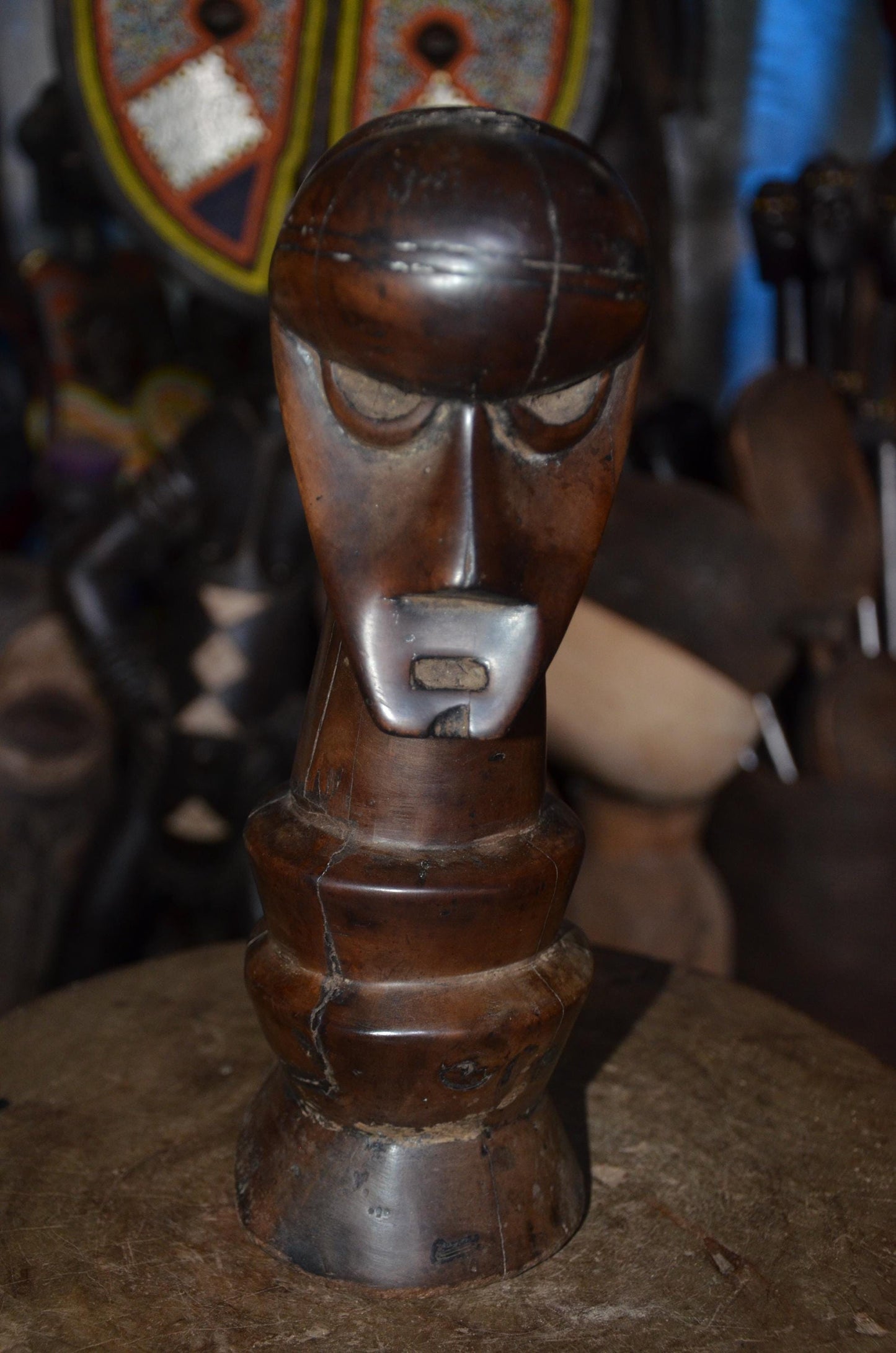 Authentic Songye Kifwebe Head Sculpture - 12" Hand-Carved Wood Ancestor Bust on Ringed Pedestal, Polished Mahogany Patina.