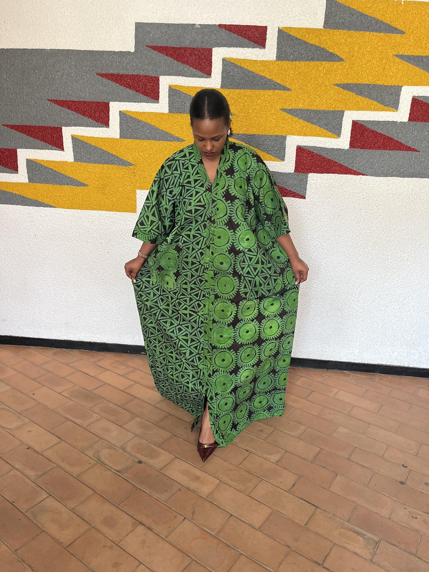 Asymmetrical Graphic Ankara Boubou Gown | Split-Print African Kaftan, Geometric & Celestial Maxi