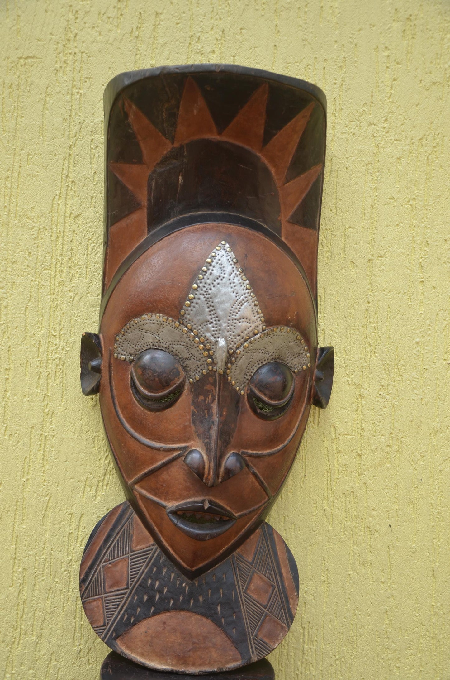 Marka African Mask – 34" Large Hand-Carved Wood & Brass Mask – Mali Wall Art.