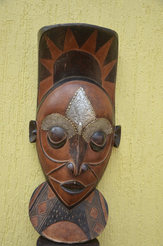 Marka African Mask – 34" Large Hand-Carved Wood & Brass Mask – Mali Wall Art.
