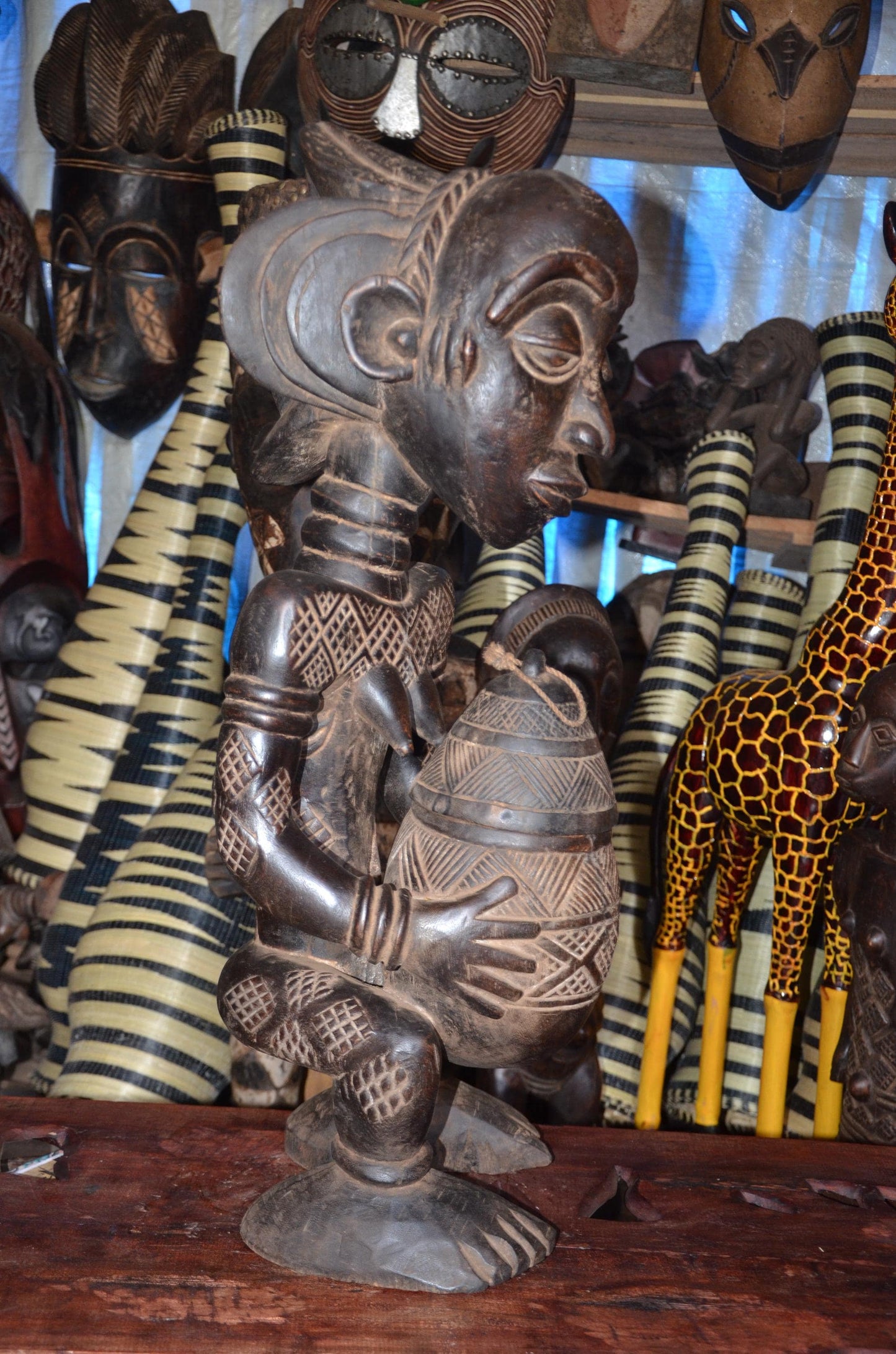 Authentic Luba Bowl Bearer | Mboko Ceremonial Figure | Congolese Tribal Art