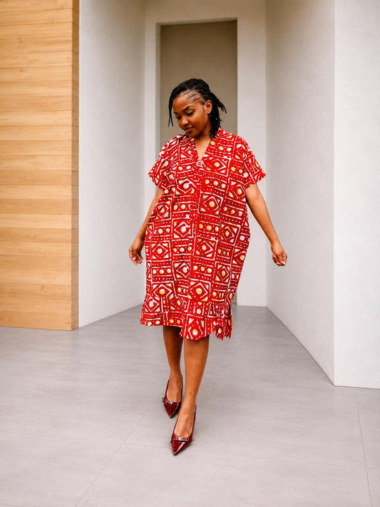 Midi Ankara Kaftan | Short Boubou Shift Gown, Knee-Length Dress