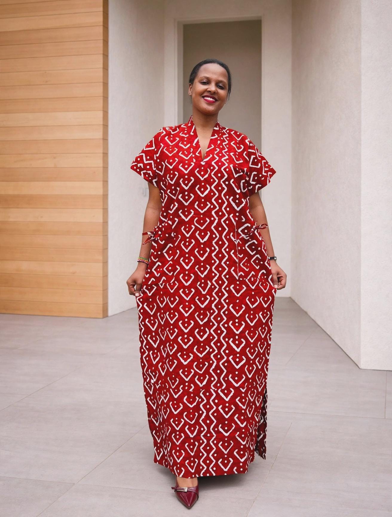 Geometric Rhombus Boubou Gown | Monochromatic Red Kaftan, Chevron-Frame Maxi