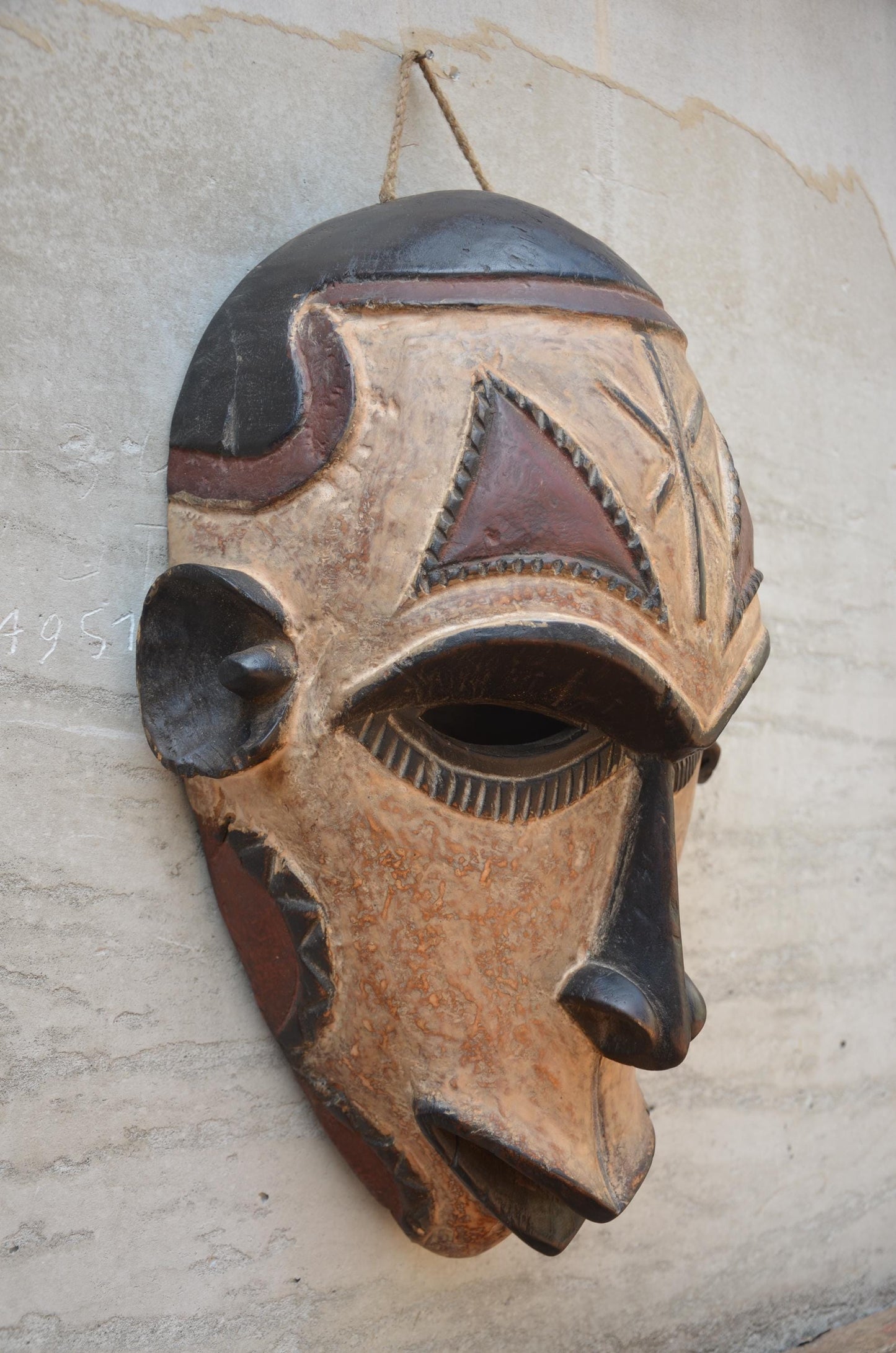 Yaka Mask with Chokwe Influence - 12" Authentic Congo Wood Carving, Polychrome Geometric Face Mask, High-End African Tribal Wall Sculpture.